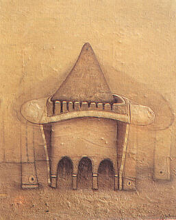 Paco Aguilar. "Torre alada" (años 90). Óleo sobre lino. 84 x 57 cms.