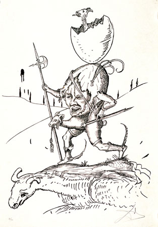 Salvador Dal�. "Pantagruel, manejado por Diana de Poitiers, su amada", 1973. Litograf�a. 760 x 560 mm. La c�scara de huevo sobre la cabeza y la cabra inferior son incorporaciones del artista catal�n. Se corresponde con la entalladura XXII de Desprez.
