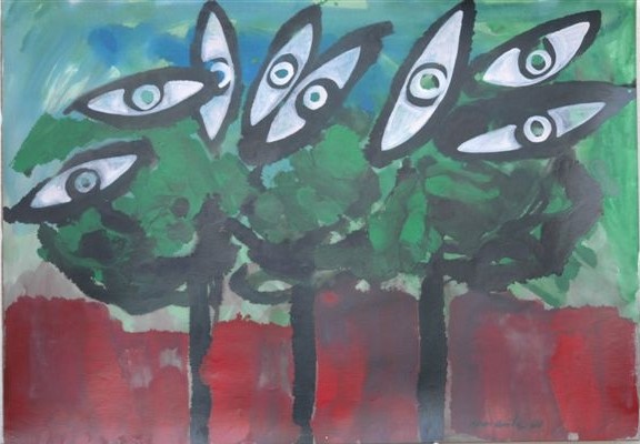 Juan Morante Ca�izares. "Los ojos del bosque", 2001. Esmalte sint�tico sobre papel. 70 x 100 cm. 