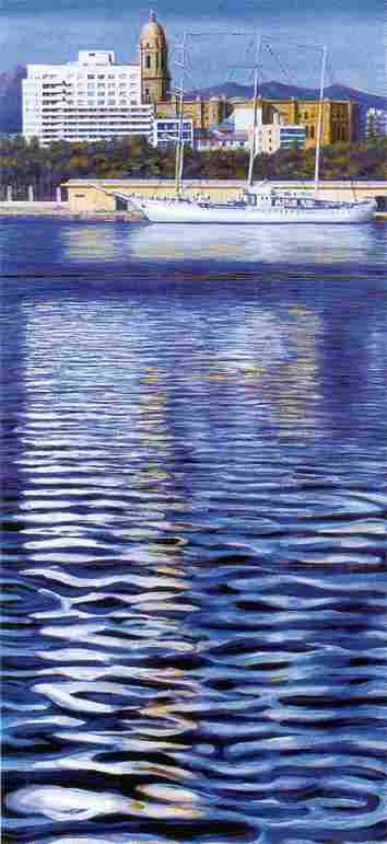 Chema Tato. " Puerto con velero", 1999. Acr�lico sobre lienzo. 195 x 91'8 cms.
